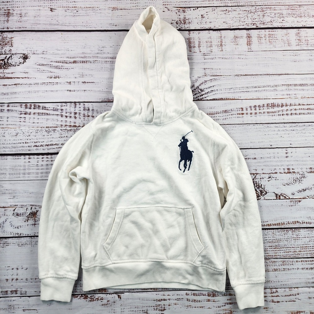 Polo Ralph Lauren Big Pony Pullover Hoodie Boys M 10-12 White Navy Fleece